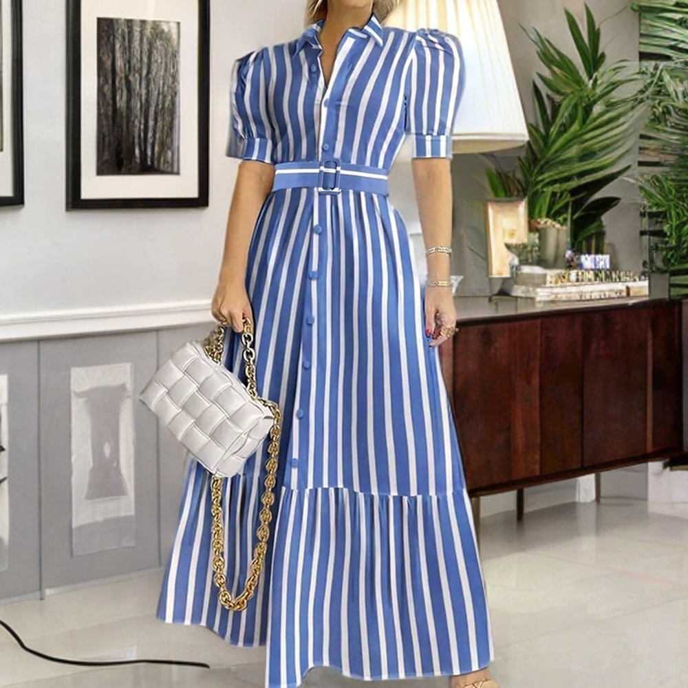 Womens Striped Button Down Shirt Dress Casual Puff Short Sleeve - Picture 2 of 4